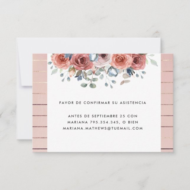Tarjeta RSVP floral española, Rubor y azul turques (Anverso)