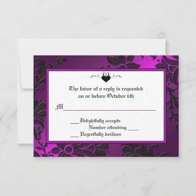 Tarjeta RSVP floral gótica morada, negra y blanca (Anverso)