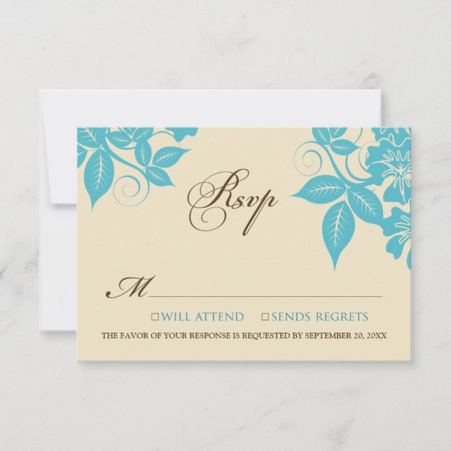 Tarjeta RSVP floral moderna de Aqua/Chocolate (Anverso)