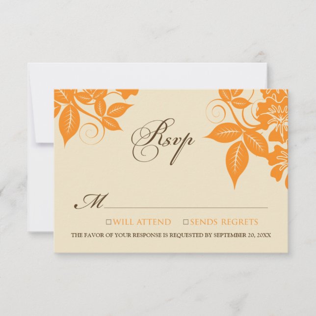 Tarjeta RSVP floral moderna de naranja/chocolate (Anverso)