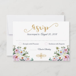 Tarjeta RSVP floral moderna de oro de la Marina de