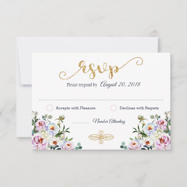 Tarjeta RSVP floral moderna de oro de la Marina de (Anverso)