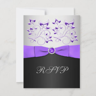 Tarjeta RSVP floral negra, púrpura y plateada
