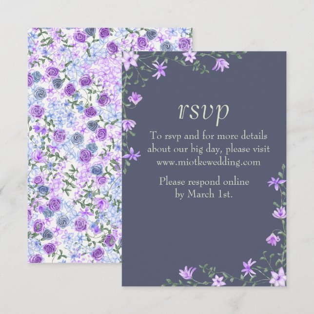 Tarjeta RSVP Floral Purple & Grey Wedding (Anverso / Reverso)