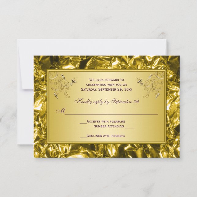 Tarjeta RSVP floral púrpura y dorada (Anverso)