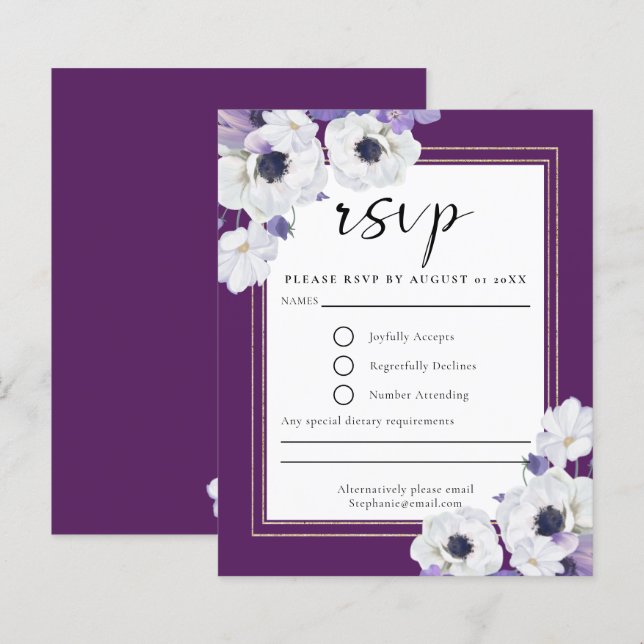 Tarjeta RSVP floral real púrpura de presupuesto (Anverso / Reverso)