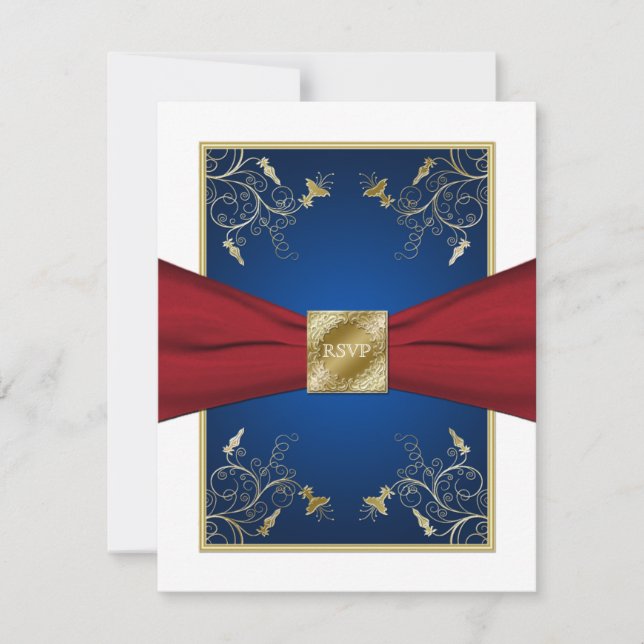 Tarjeta RSVP floral roja, blanca y azul (Anverso)