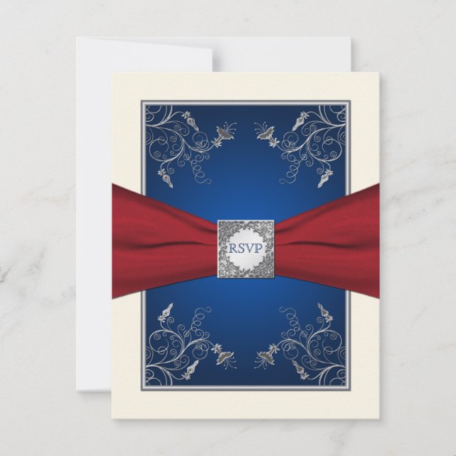 Tarjeta RSVP floral roja, marfil y azul (Anverso)