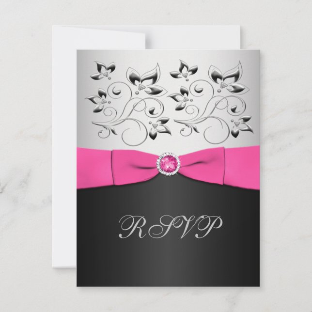 Tarjeta RSVP floral rosa, negra y plata (Anverso)