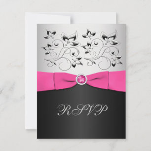 Tarjeta RSVP floral rosa, negra y plata