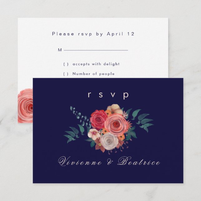 Tarjeta Rsvp floral rosa roja azul oscuro (Anverso / Reverso)