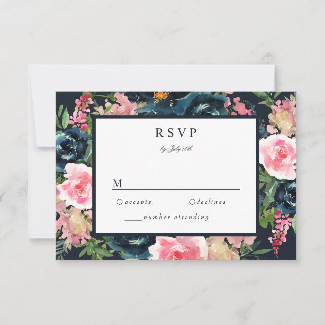 Tarjeta RSVP floral rosa Rubor azul de la marina r (Anverso)