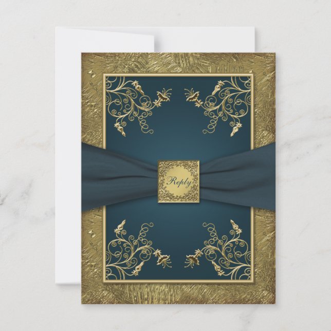 Tarjeta RSVP floral verde azulada y dorada (Anverso)