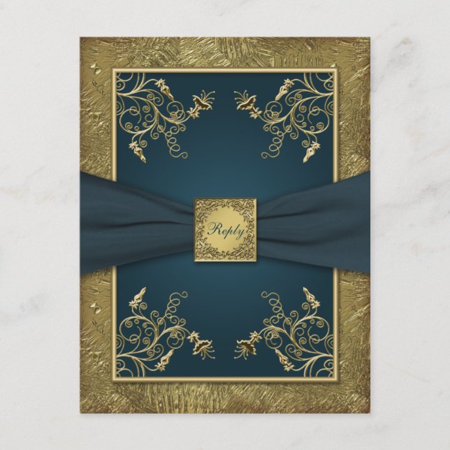 Tarjeta RSVP floral verde azulada y dorada (Anverso)