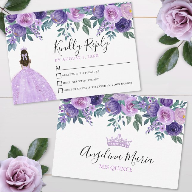 Tarjeta RSVP Floral Violeta Púrpura Quinceanera (Floral Violet Purple Quinceanera RSVP Card)