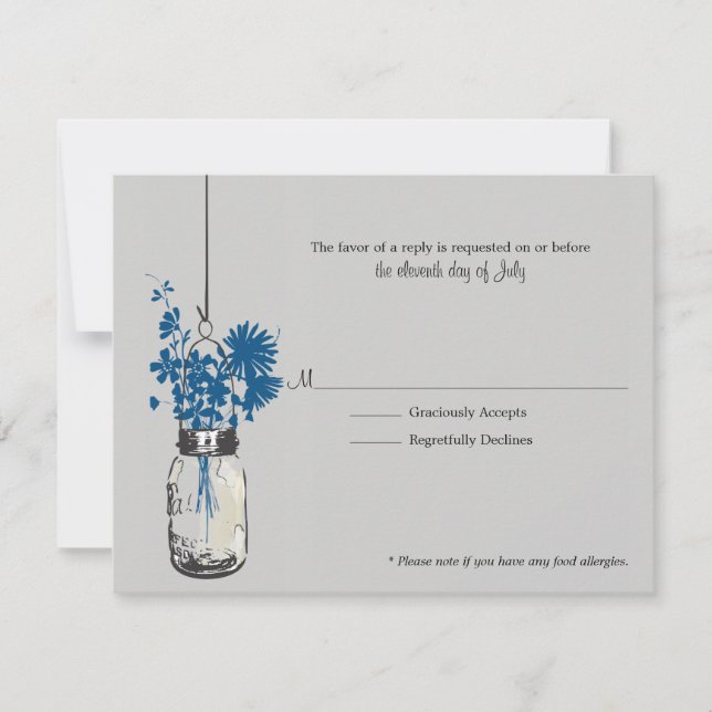 Tarjeta RSVP Flores salvajes azules y Mason Jar (Anverso)