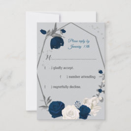 tarjeta rsvp geométrica azul marino y blanca