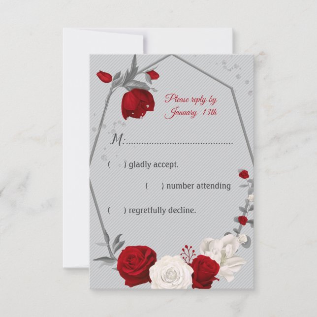 tarjeta rsvp geométrica gris de flores rojas y bla (Anverso)