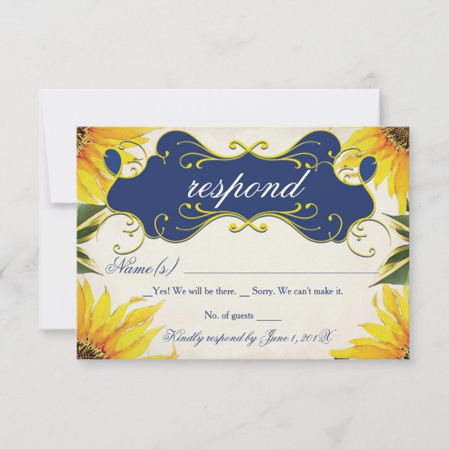 Tarjeta RSVP girasol - Azul amarillo y marino (Anverso)