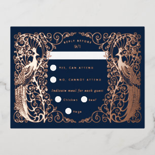 Tarjeta Rsvp Gold Rosa de Peacocks Blue Art Deco