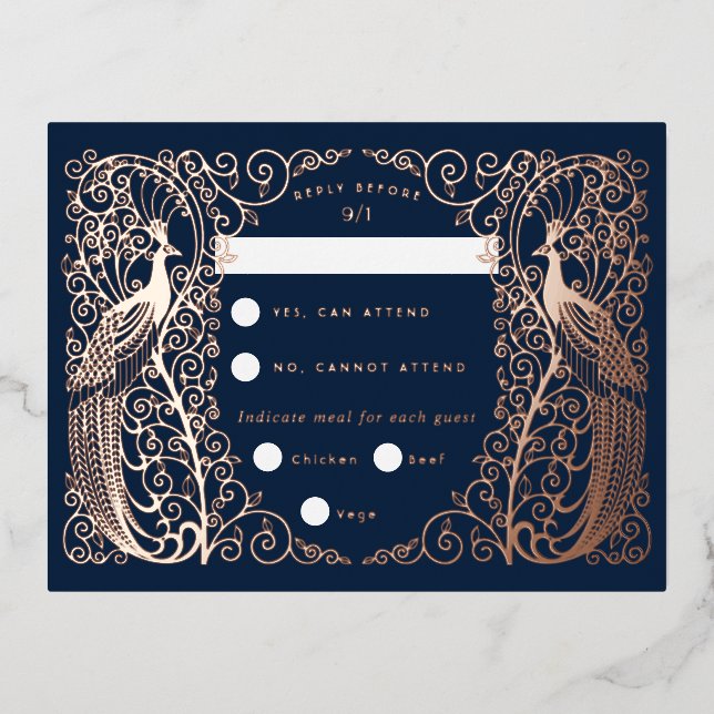 Tarjeta Rsvp Gold Rosa de Peacocks Blue Art Deco (Anverso)