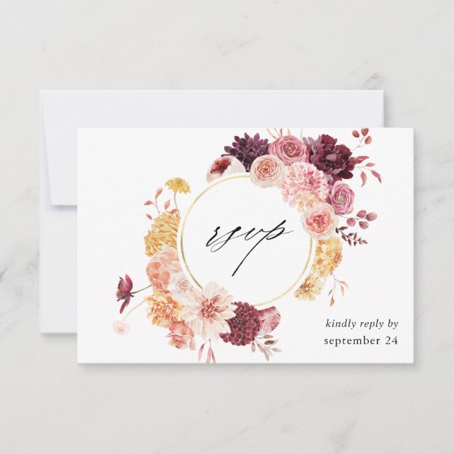 Tarjeta RSVP Golden Burgundy Rubor Pink Floral w M (Anverso)
