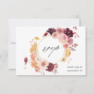 Tarjeta RSVP Golden Burgundy Rubor Pink Floral w M