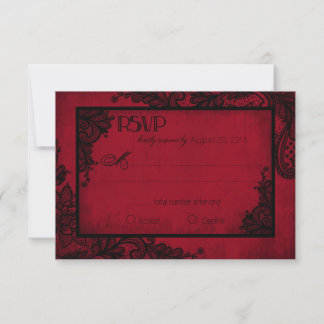 Tarjeta RSVP gótica de encaje rojo y negro