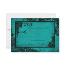 Tarjeta RSVP gótica de encaje verde azulado y negr