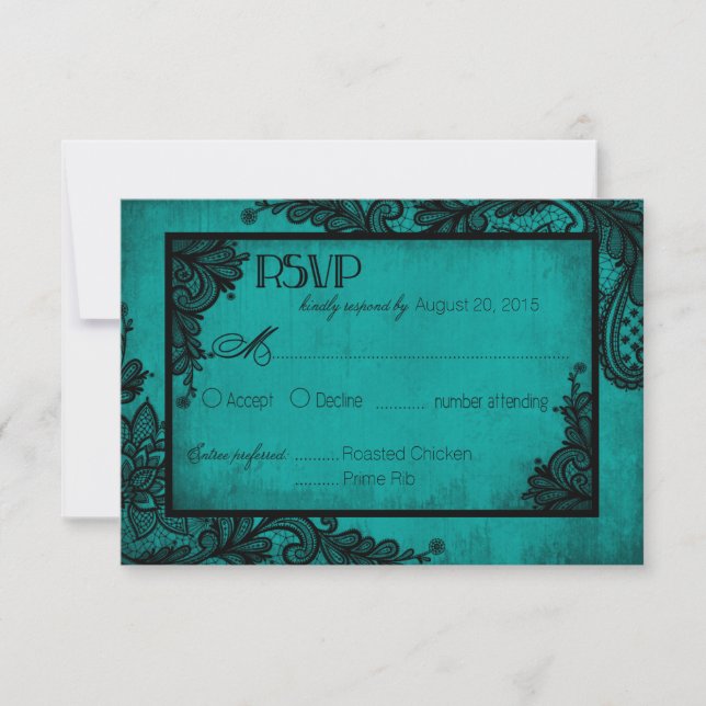 Tarjeta RSVP gótica de encaje verde azulado y negr (Anverso)