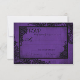Tarjeta RSVP gótica púrpura y negra de encaje