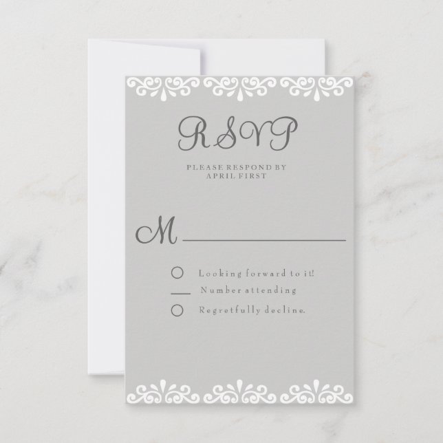 Tarjeta RSVP Gris y Blanca de encaje elegante y ro (Anverso)