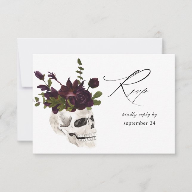 Tarjeta RSVP Halloween Purple Floral & Skull w Mea (Anverso)