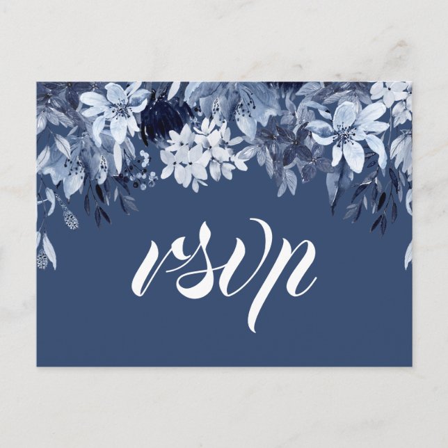 Tarjeta RSVP Indigo Floral Medianoche con opción d (Anverso)