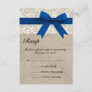 Tarjeta RSVP Lace & Royal Blue Ribbon y Burlap