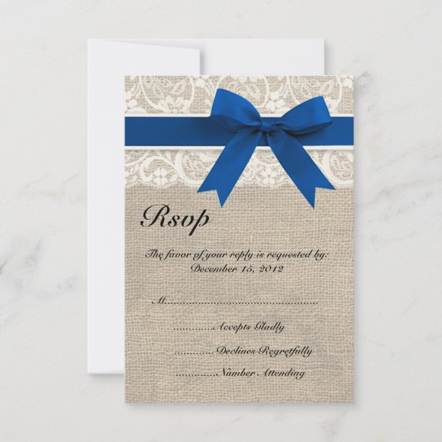 Tarjeta RSVP Lace & Royal Blue Ribbon y Burlap (Anverso)
