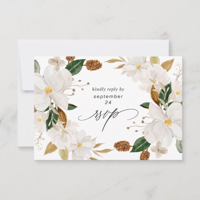 Tarjeta RSVP Magnolia White Floral w Meal (Anverso)