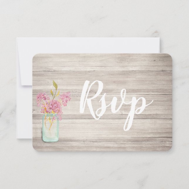 Tarjeta Rsvp Mason Jar Pink Lilac Rustic Wood (Anverso)