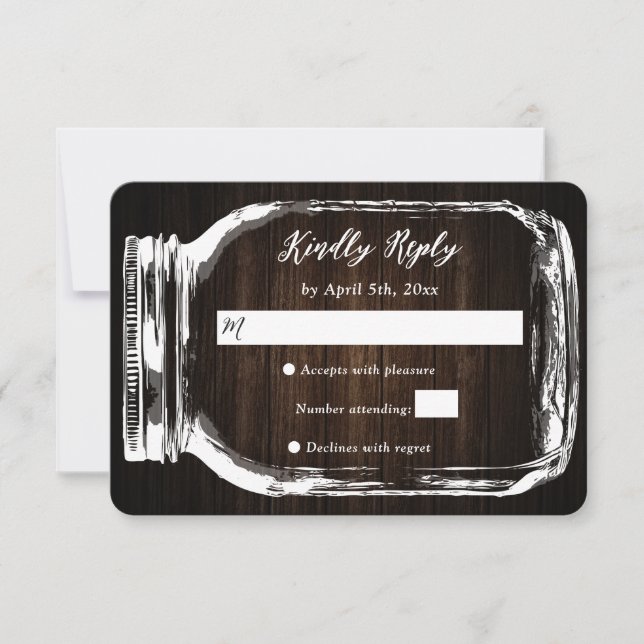 Tarjeta RSVP Mason Jar Wedding de Madera Rústica (Anverso)