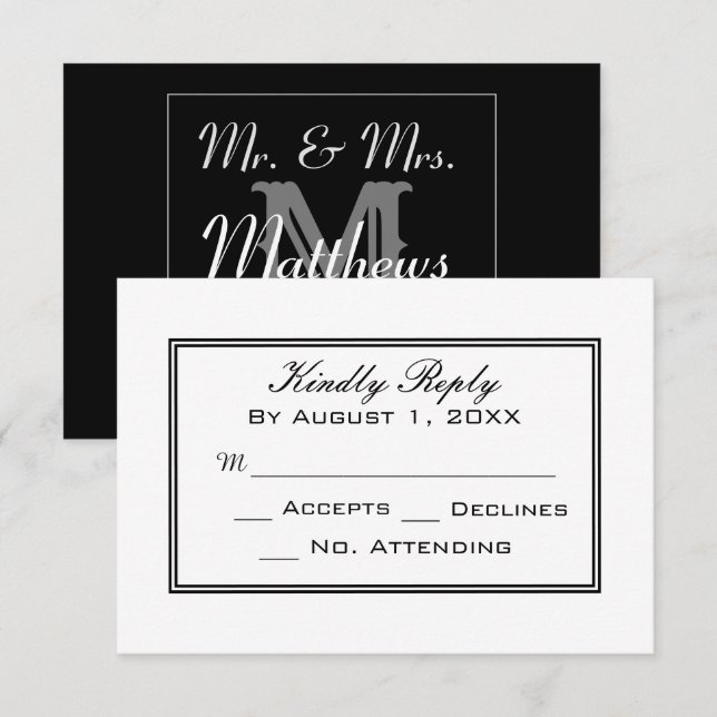 Tarjeta RSVP mínima de boda blanca y negra (Anverso / Reverso)
