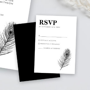 Tarjeta RSVP mínima de casamiento de plumas negras