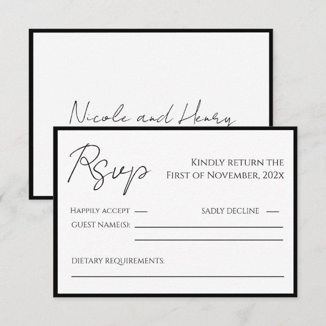 Tarjeta RSVP Minimalista Borde Negro Boda Elegante (Anverso / Reverso)