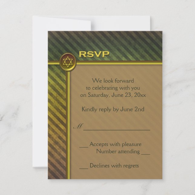 Tarjeta RSVP Mitzvah de Olive Green, Brown StriBar (Anverso)