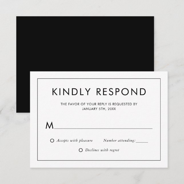 Tarjeta RSVP moderna de boda blanca y negra (Anverso / Reverso)