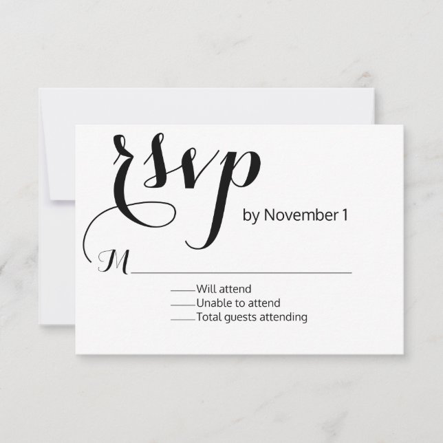 Tarjeta RSVP moderna de boda blanca y negra (Anverso)
