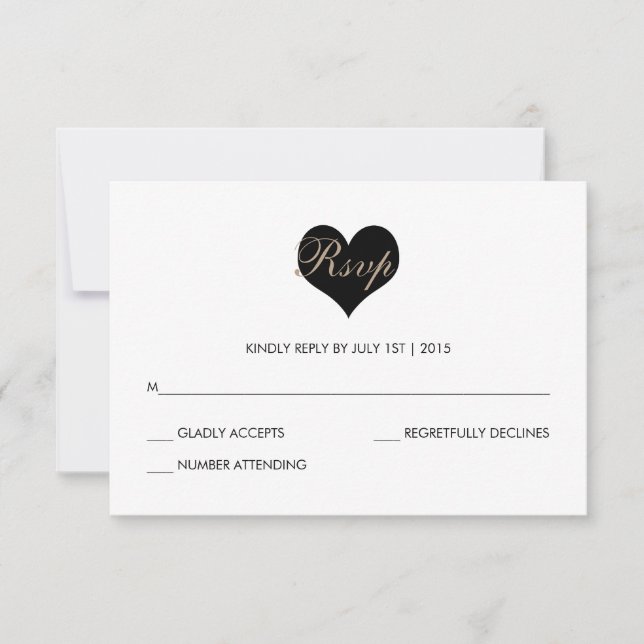 Tarjeta RSVP moderna de Corazón Blanco y Negro (Anverso)