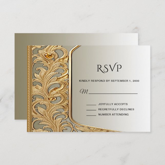 Tarjeta RSVP moderna Ornate Gold (Anverso / Reverso)