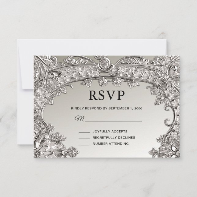 Tarjeta RSVP moderna Ornate Silver (Anverso)