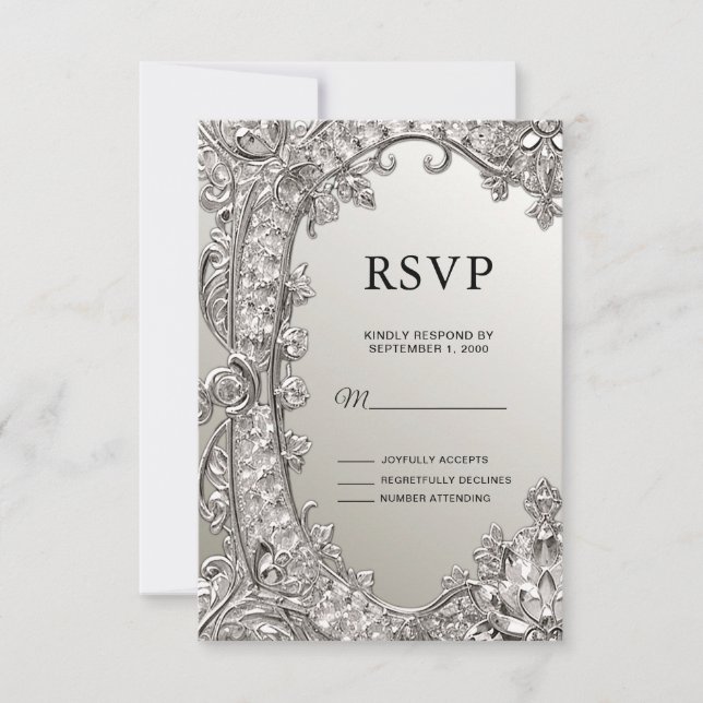 Tarjeta RSVP moderna Ornate Silver (Anverso)