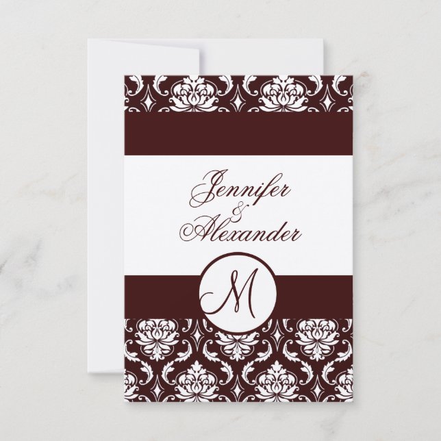 Tarjeta RSVP Monograma Brown Damask en papel Felt (Anverso)